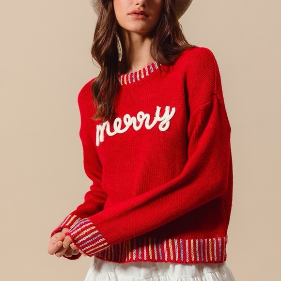 SO ME Merry Lettering Embroidered Christmas Sweater - Picture 2 of 12